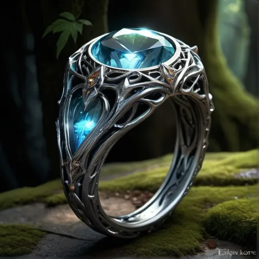 Prompt:  (elven ring), (platinum), (intricate design), glowing topaz stone, dark colors, fantasy style, nestled in a mystical forest ruin, ethereal ambiance, rich textures, enchanting details, hints of bioluminescence in surroundings, shadowed foliage, (ultra-detailed), high contrast lighting, mood of ancient magic and forgotten lore.