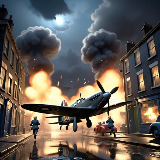 Prompt: third person gameplay, (British man), blond hair, pale skin, hazel eyes, (running motion), bombed neighborhood, rainy streets of 1940s London at night, (bright colors), (blue atmosphere), cartoony style, (vivid details), intricate painting of the Blitz (spitfire fighters in sky) (explosions), (dynamic action), dramatic lighting, ultra-detailed, engaging composition, emotionally evocative scene.