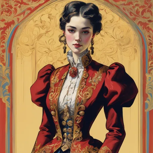 Prompt: A colorful illustration of a young woman Wearing an ornate scarlet and gold buttoned jacket