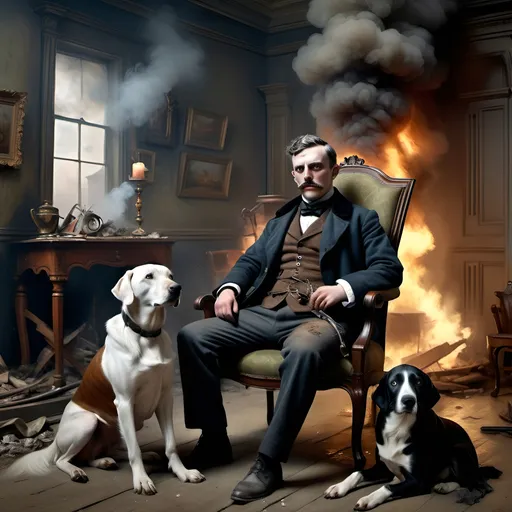 Prompt: Apocalyptic scene of a  survivor in Victorian clothing seated on a Victorian chair, next to his hunting dog, London landmarks destroyed, smoke and fire, detailed facial features, oil painting, desolate atmosphere, high quality, realistic, Victorian, post-apocalyptic, detailed clothing, smoky ambiance, destroyed landmarks, dramatic lighting, atmospheric, intense emotions, dynamic composition