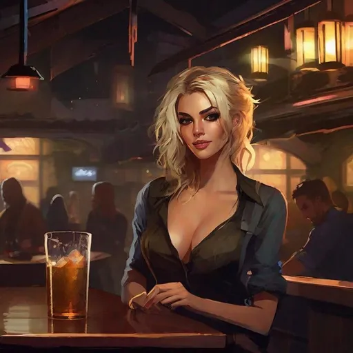 Prompt: A late night music venue. Slender early 20s blonde bartender woman, disheveled hair, tight blouse, messy trashed late night nightclub, game-rpg fantasy style, detailed character design, atmospheric lighting, urban fantasy, late-night setting, highres, detailed, fantasy, RPG, messy background, disheveled appearance, intense and dramatic lighting