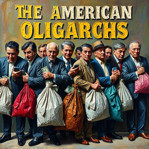 Prompt: (accurately spelled text "THE AMERICAN OLIGARCHS") thick impasto oil painting, vibrant colors, textured, bumpy paint strokes, lineup of men, varied sizes and ages, holding uniquely shaped bags full of money, some with cellphones, dynamic poses, rich and bold composition, high detail, dramatic atmosphere, captivating scene.