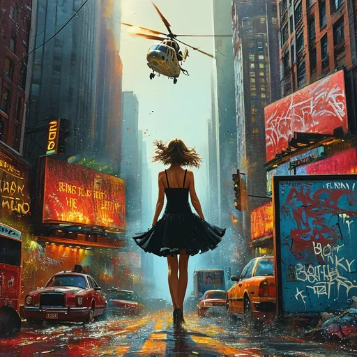 Prompt: (Banksy-inspired art), vibrant street art style, a woman in a short flowing dress dramatically falling from a helicopter, intricate details capturing her movement and motion, distressed and weathered billboard background with textured layers of paint and graffiti, an urban setting filled with dynamic energy, gritty ambiance, bright contrasting colors, high quality, ultra-detailed.