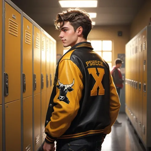 Prompt: 4k, high resolution, digital painting, realism, fantasy, RPG, school, psychotic smiling man, seen in profile, walking, 21, leaning against a school locker, opened yellow letterman’s jacket with longhorn cattle logo, black tee shirt under the letter jacket, black jeans with metal belt and big buckle, game style, detailed facial expression, atmospheric lighting