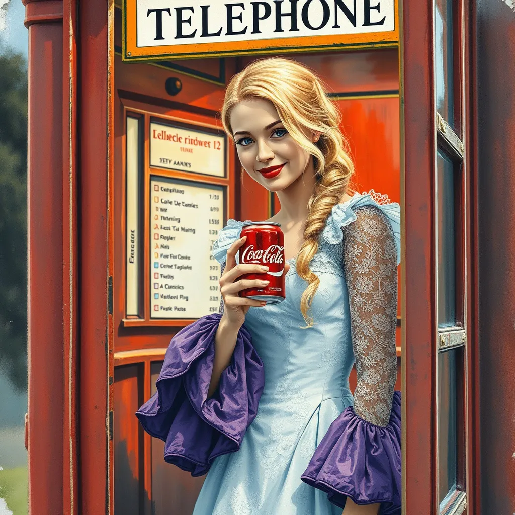 Prompt: (full body portrait) a blonde very slender 18 year old young woman, (long white Elizabethan costume lace gown with dramatic purple sleeves), (inside a vintage phone booth), warm colors enhancing the scene, (holding an iconic can of Coca-Cola) with a playful smile, (vintage telephone booth). Watercolor, gouache, expressionism, colored inks, thick impasto oils, bumpy brush strokes , mixed media. Steve Hanks, Milo Manara, 