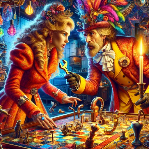 Prompt: The board game called “Clue” blonde woman looks like Miss Scarlett with a wrench in the kitchen , attacking a man dressed as Colored Mustard who holds a candlestick. surreal board game based on "Clue", vibrant color tones, dramatic lighting, intense and chaotic atmosphere, detailed character expressions,  intricate game board background, whimsical and trippy elements, high level of detail, 4K, ultra-detailed, 2D illustration, trending on artstation