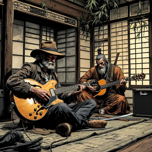 Prompt: Junji Ito manga style, close up angle, inside a samurai house sitting on a mat is an old Nashville Caucasian guitarist man in a hat holding a highly detailed Gibson 335 electric guitar. A second man, a samurai in vintage outfit is sitting next to him with two samurai swords.  It looks like the man playing in a band together with a fender amp between them, vintage Japanese screen, Japan decor. Bamboo. Manga scene.
