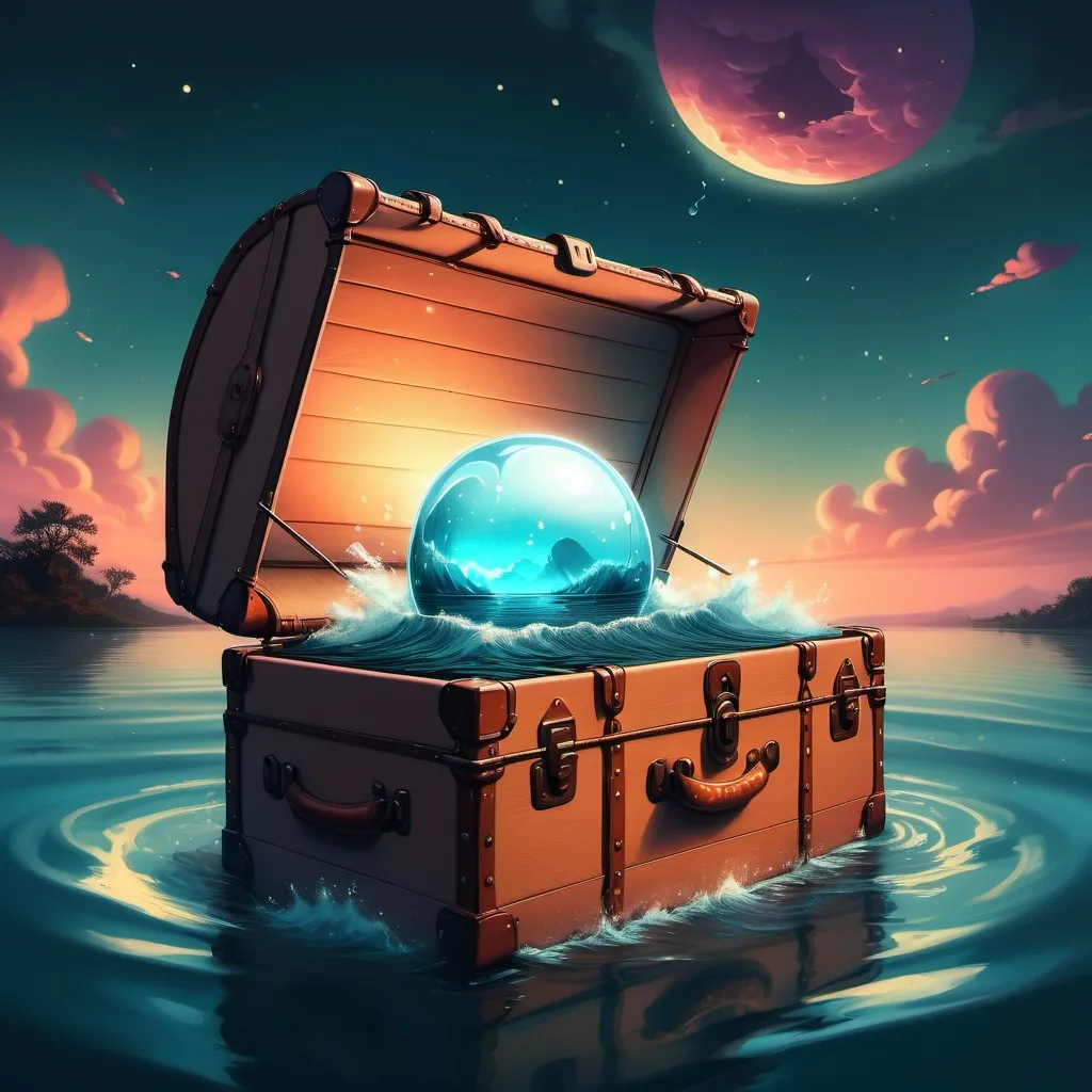 Prompt: an open steamer trunk with magical clothing in it. Floating in it in the water at night with a glowing orb in the sky, Cyril Rolando, magical realism, highly detailed digital painting, a detailed matte painting