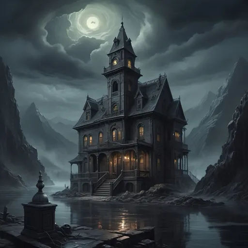 Prompt: Professional oil painting, 64K, UHD, at the mountains of madness setting, Lovecraftian horror, detailed architecture, eerie atmosphere, misty waterfront, eldritch creatures, macabre style, gothic tones, haunting lighting, intricate details, ominous sky, creepy ambiance