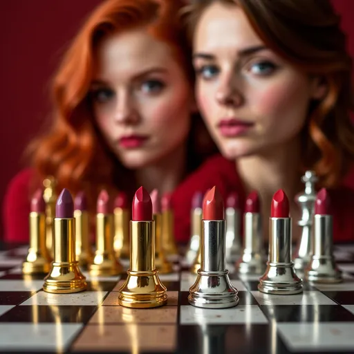 Prompt: (impressionism style), (vibrant color scheme), chessboard scene, gold and silver lipsticks as chess pieces, artistic blurred background of faces resembling Rose Leslie and Evan Rachel Wood, soft lighting, playful ambiance, dynamic composition, intricate details of lipsticks, rich textures, artistic blur for a dreamy effect, ultra-detailed, high-resolution.