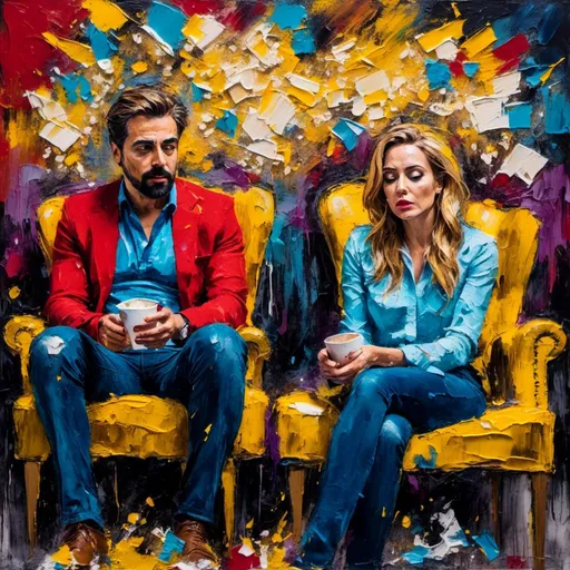 Prompt: <mymodel>abstract expressionism, attractive male psychologist, sad tearful woman, psychologist eating popcorn, chair, couch, emotional atmosphere, intense brushstrokes, vibrant colors, distressed expressions, high energy, raw emotion, large canvas, powerful composition