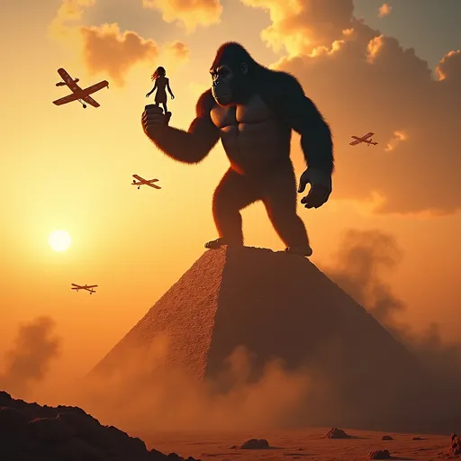 Prompt: (King Kong on an Egyptian Pyramid), colossal ape silhouette against the arid desert sky, holding the small figure of a blonde woman in one palm, surrounded by a cloud of dust and debris, exciting battle scene, biplanes soaring above, firing cannon shots, dramatic action, vibrant sunset colors casting shadows, (highly detailed, 4K), thrilling ambiance, sense of chaos and adventure, ancient structures in the background, evoking a historic clash of titans.