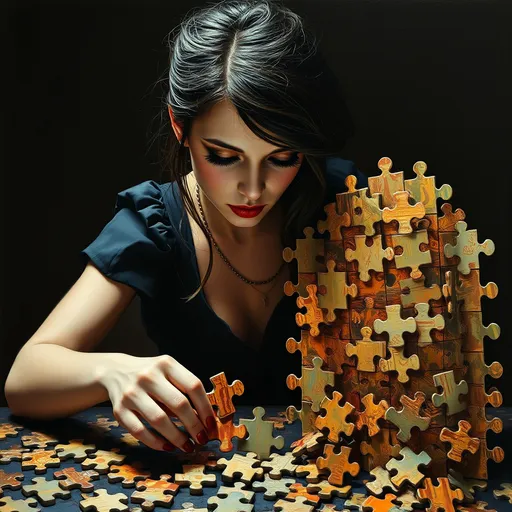 Prompt: (woman in dark dress with detailed eyeshadow, mascara, eyeliner, emo makeup) playing with a giant jigsaw puzzle), intricate (details of jigsaw pieces), style of (Donato Giancola), (ultra-detailed oil painting), rich textures, dark dramatic lighting, dark shadowy wallpaper in background, a sense of playful nostalgia, elegant yet whimsical ambiance, showcasing warm colors against a beautifully crafted dark background, (fine art masterpiece).