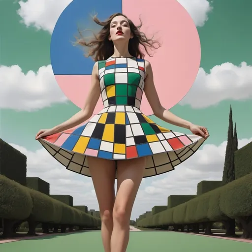 Prompt: Blend the surrealism of Salvador Dalí with the geometric abstraction of Piet Mondrian to depict an aerial view looking downward at a woman in a flared short floral summer minidress jumping on a trampoline. Her skirt and body in motion. Use Dalí's soft, drooping forms for a city park with trees and grass that are liquefying, but render them in Mondrian's characteristic primary colors and black grid lines. The sky should be divided into rectangles of different shades of green, pink and white, with a few of Dalí's signature  clouds scattered about.