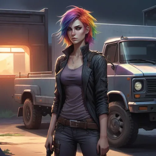 Prompt: Detailed RPG fantasy illustration of a slender early 20s assassin woman, short spikey rainbow. hair, waiting in a getaway truck, early morning setting, highres, ultra-detailed, RPG fantasy, detailed character design, atmospheric lighting, cool tones, urban, intense gaze, professional, sleek design