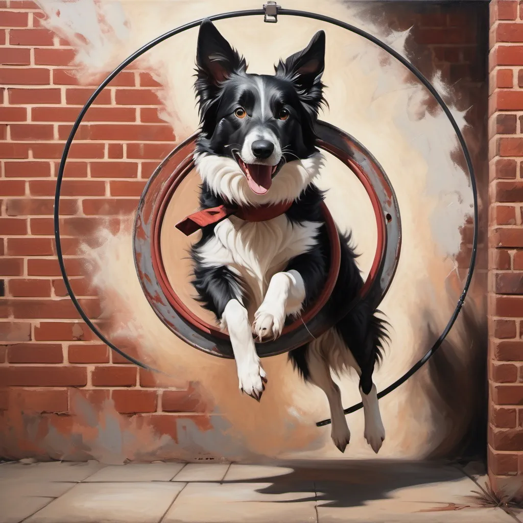 Prompt: oil painting, (pointy eared border collie jumping thru hoop), full body portrait, leaning against a textured brick wall, (red and black fitted skirt suit), grunge aesthetic, dust overlay effect in the background, warm reddish muted colors, expressive brushstrokes, rich texture, elegant yet edgy vibe, high definition, artistically dynamic composition.