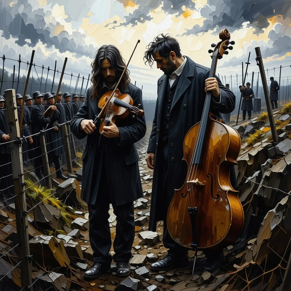 Prompt: (thick impasto oil painting), (dark color scheme), (surrealism style), a sad, devastated violinist and a weeping cellist are standing amidst the barbed wire of a haunting WW1 battlefield, desolate environment, chilling barbed wire surrounding trenches, raw and vivid emotions, dramatic shadows illuminate the figures, contrasts of light and dark enhancing the atmosphere, powerful expressions of sorrow and loss, ultra-detailed, evocative imagery.