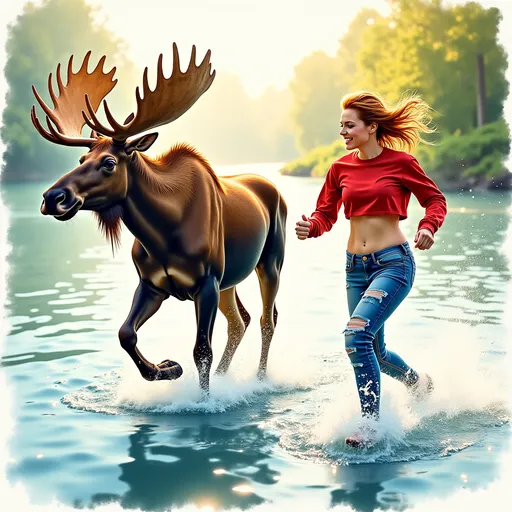 Prompt: watercolor painting of a woman (in profile) running being chased by a moose , (full body shot), (dynamic movement), woman splashing in a vibrant lake, (vibrant color scheme), stunning portrayal, beautiful slender figure, Scottish pale redhead, dressed in ragged tight jeans and a tight cropped sweatshirt, encapsulating joy and freedom, flowing water, sunlit ambiance, ultra-detailed, evoking a sense of adventure and vitality, reminiscent of Steve Hanks' style.