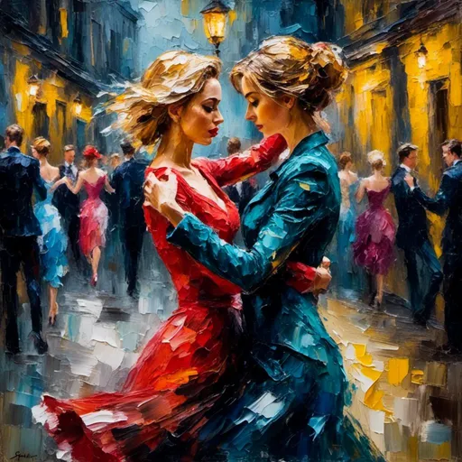 Prompt: <mymodel>two woman dance intimately, emotionally react with sadness, upset, misery, while dancing, thick impasto oil painting, bumpy brushwork watercolor , romantic setting, detailed facial features, flowing elegant movement, high quality, emotional,  detailed faces, elegant, eerie lighting 