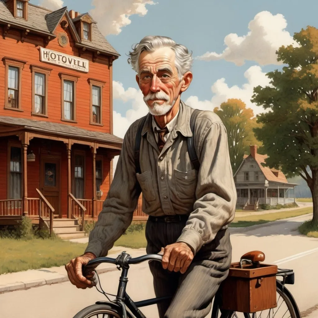 Prompt: Norman Rockwell style. Midwestern rural 19th century wooden hotel, 70 year old man with gray hair rides bicycle.  HD detailed facial features, detailed eyes, detailed bicycle. rural street, vintage atmosphere, detailed wooden architecture, serene countryside setting, high quality, vintage illustration, warm tones, nostalgic lighting