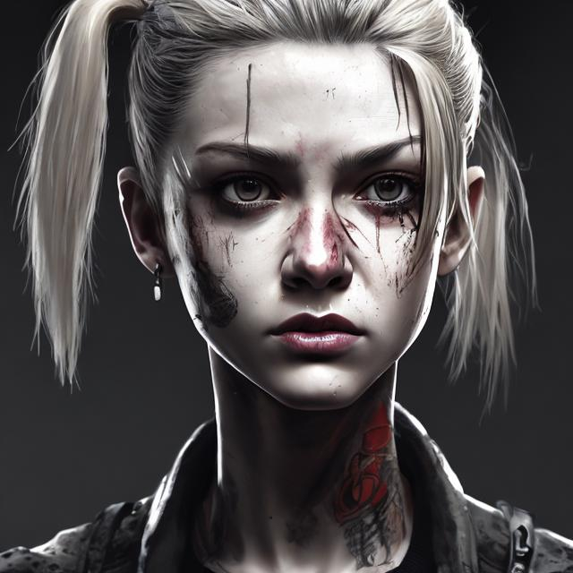 Prompt: Photorealistic, gritty, edgy. Whole body, slender figure. A 30 year old female with long blonde pony tail. She wears a short cropped jacket and matching miniskirt with tights, has a fancy knife in holster on his right leg.. 2d art. 2d. well drawn face. detailed. UHD face. Detailed eyes and lips 
