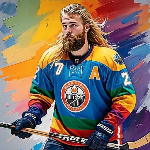 Prompt: 22-year-old man, long blonde hair, beard, full body shot, holding a hockey stick, thick impasto oil illustration, emphasis on rainbow colored suit, large palette-knife strokes, tarot card style with hockey puck theme, impressionistic, high quality, thick oil paint, detailed clothes, hockey stick, vibrant silver and gold tones, artistic, professional lighting