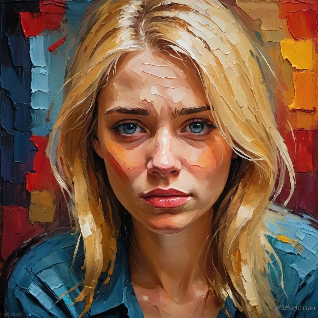 Prompt: Thick impasto oil painting, sad man, framed photo of happy young blonde woman, bumpy paint strokes, melancholic atmosphere, emotional expression, high texture detail, intense lighting, rich color tones, professional artistry, high quality, impasto, sad expression, emotional, framed photo, thick paint strokes, textured, melancholic, intense lighting, rich color tones, professional