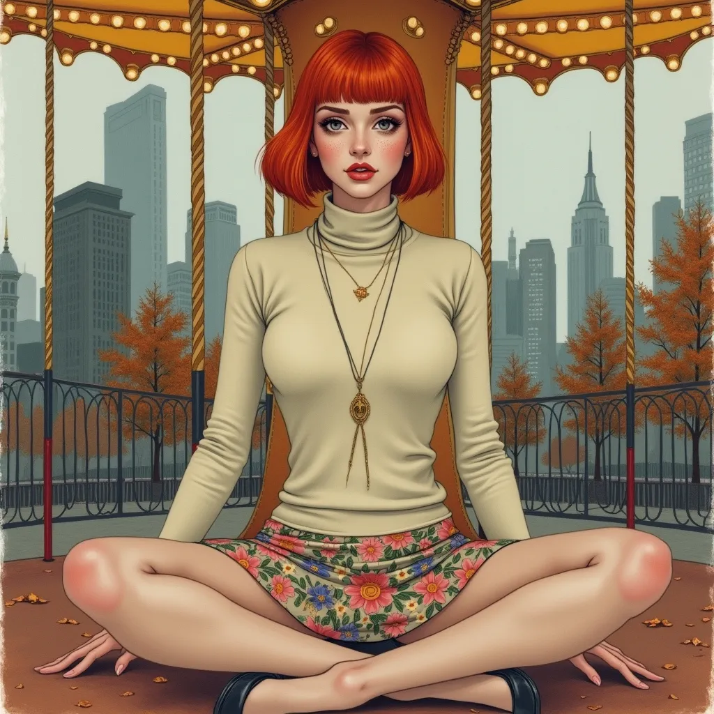 Prompt: Watercolor, gauche, mixed media, surreal. A slender 27 year old woman wearing a turtleneck sweater, sitting legs apart, on a New York City merry go round, red head bangs hair cut, deep hazel eyes, very short tight floral miniskirt, pale skin, skin colored tights, tall buildings, leaves, autumn, symmetrical face, long necklace, slight freckles on face and slight imperfections on skin, high heels, Bright eyes with highlights, professional lighting, highly detailed photo, full body, 