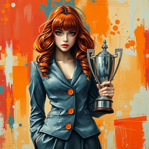 Prompt: "intense abstract (full length body) thick wavy orange bangs hair woman in gray miniskirt suit, sheer tights, with orange buttons , holding a silver trophy. A breathtaking tactile texture impasto painting with rough and smooth and bumpy brushstrokes, and scratchy surface of an abstract amateur