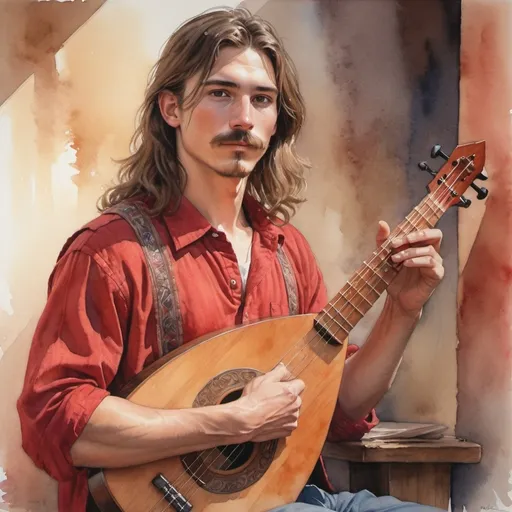 Prompt: watercolor portrait, (Steve Hanks style), (22-year-old male) with long hair and mustache, wearing a (vibrant red shirt, red vest), casually holding a dulcimer , warm color scheme, soft brush strokes, gentle light creating a cozy atmosphere, dynamic textures adding depth, ultra-detailed, HD quality.