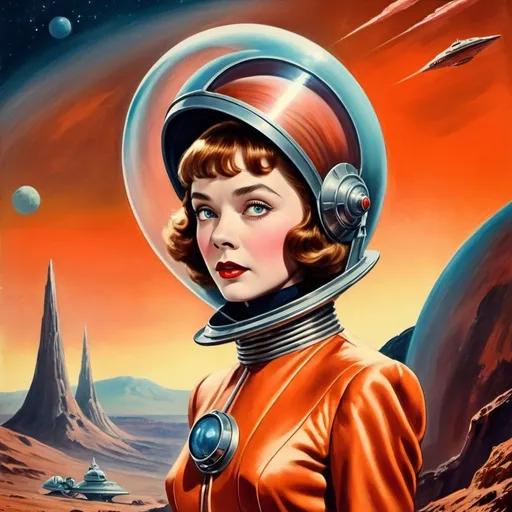 Prompt: Fantasy movie poster, Voyage to Mars, starring Lillian Gish, retro-futuristic spaceship, otherworldly landscape, cinematic quality, oil painting, vintage style, vibrant colors, dramatic lighting, detailed costume design, classic Hollywood glamour, stunning space vista, epic fantasy adventure, fantasy, retro-futuristic, cinematic quality, oil painting, vintage style, vibrant colors, dramatic lighting, detailed costume, classic Hollywood glamour