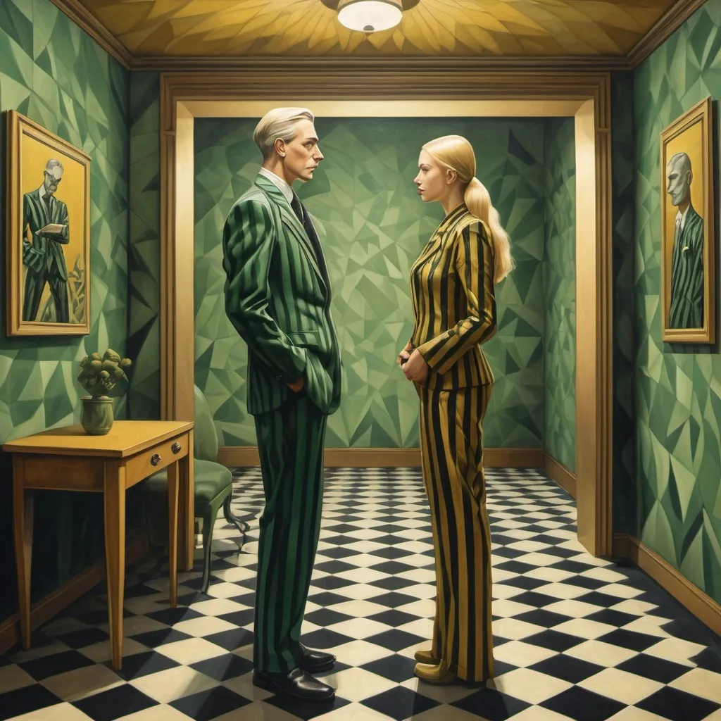 Prompt: (Art deco style), a captivating (full body) scene featuring (a sad man in a striped suit ) of M.C. Escher-inspired optical illusion, and a beautiful sad Caucasian woman with (long golden side-ponytail blonde hair) stares at a (framed oil painting of a man). Green and black and gold tones, (woman wearing a very short pleated skirt suit with gloves) in an ornate museum (cool color scheme), emotional man and woman, intricate and flowing patterns, delicate curves, reminiscent of Milo Manara's art, high detail, enchanting atmosphere, silver light illuminating the soft textures, serene but visually complex background, ultra-detailed masterpiece.