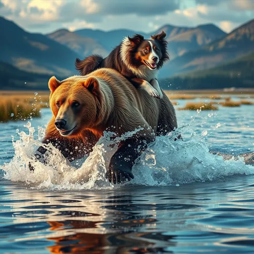 Prompt: Surrealism style, (grizzly bear running through water with border collie on its back), (dynamic splash), capturing a moment of wild energy, (vibrant color scheme) with rich hues, (highly detailed textures of fur), whimsical landscape background, dreamlike atmosphere, emphasis on movement and chaos, dramatic light reflections on water surface, (4K) ultra-detailed imagery, an enchanting interplay of colors, evocative and lively visual storytelling.