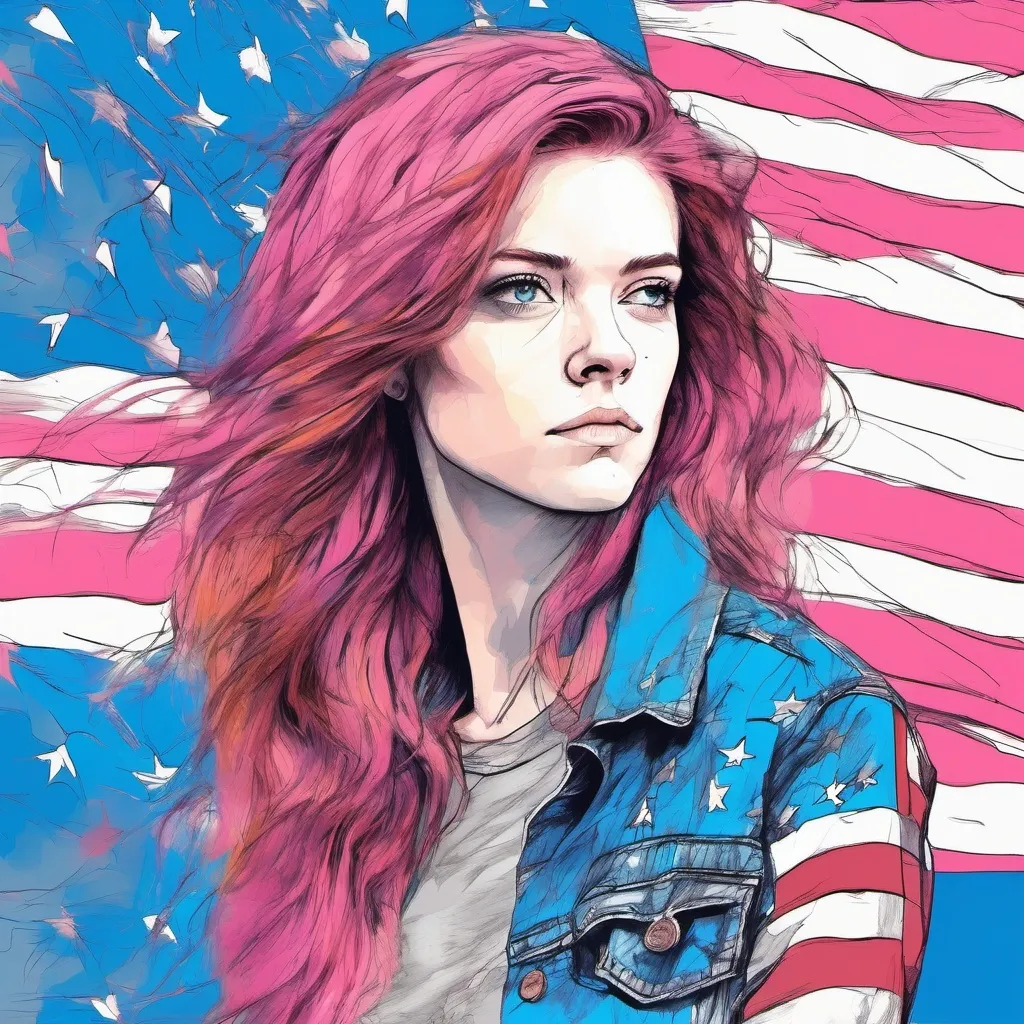 Prompt: (gorgeous hand drawing), (full body showing knees) ( facial  profile) of (actress lookalike of Rose Leslie), 27 years old, pale skin, (detailed facial features), bright blue eyes, full lips, blue-pink  hair) wearing tight jeans and (a USA flag cropped tee shirt) pencil sketch style, elegant lines, delicate shading, (artistic masterpiece), emotional depth, (high quality, ultra-detailed) sketch ambiance.