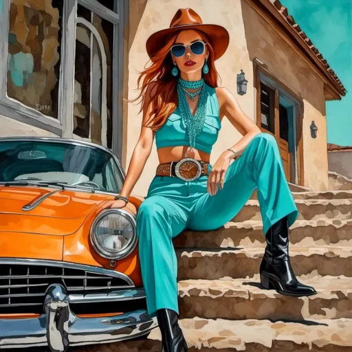 Prompt: <mymodel>drawing with colored pencils, colored inks, gouache, mixed media, watercolor, vintage paper collage, 55 year old rugged cowboy sitting on steps, looks warily with suspicion at 22 year old happy woman exiting her Porsche wearing lots and lots of turquoise jewelry, Santa Fe, New Mexico,  shiny miniskirt, leggy, large silver belt, cowgirl boots, Pueblo buildings, turquoise and silver tones, town square, detailed, high quality, western style, warm tones, pueblo architecture, miniskirt, intricate jewelry, professional lighting