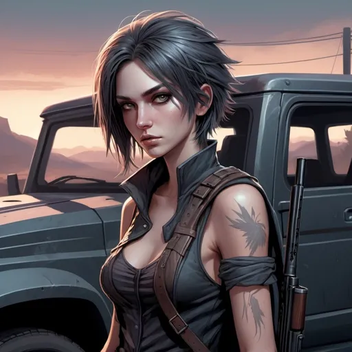 Prompt: Detailed RPG fantasy illustration of a slender early 20s assassin woman with rifle, feathered emo hair, waiting in a getaway truck, early morning setting, highres, ultra-detailed, RPG fantasy, detailed character design, atmospheric lighting, cool tones, urban, intense gaze, professional, sleek design