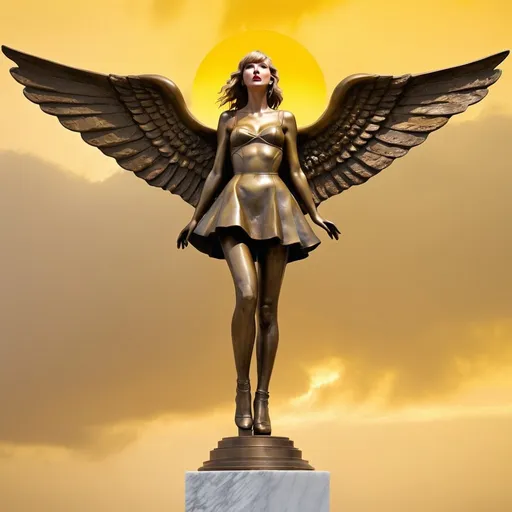 Prompt: Giant bronze full body Taylor Swift sculpture, massive bronze sculpture, adoring crowds, marble pedestal, yellow sky, bizarre, high quality, bronze, surreal, detailed features, worshiping fans, atmospheric lighting, vibrant yellow tones, professional, surrealism