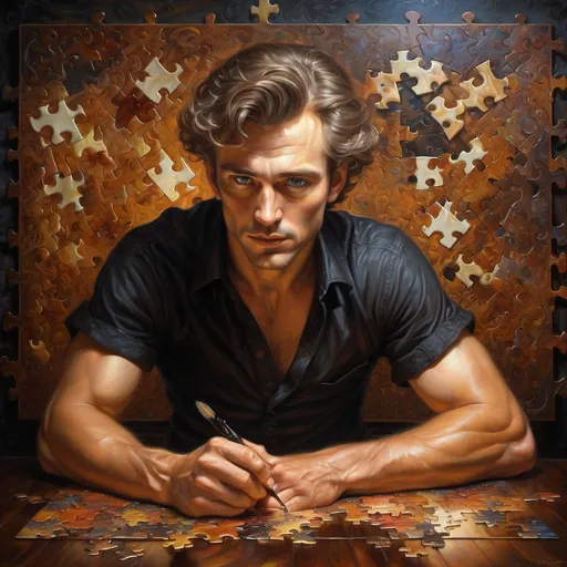 Prompt: (Dangerous Caucasian Man in dark shirt with detailed mascara, eyeliner, ) playing with a giant jigsaw puzzle), intricate (details of jigsaw pieces), style of (Donato Giancola), (ultra-detailed oil painting), rich textures, dark dramatic lighting, dark shadowy wallpaper in background, a sense of playful nostalgia, elegant yet whimsical ambiance, showcasing warm colors against a beautifully crafted dark background, (fine art masterpiece).