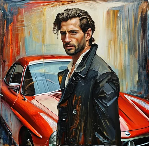 Prompt: Create a surrealist artistic oil portrait of a Man standing by car in impasto style and encaustic technique. 
The image is monochrome except for dark red 2004 Mercedes clk and tan skin. Entire portrait is characterized by flowing paint, which depicts paint flowing down the canvas. Artistic work. Lots of details. Very high quality.