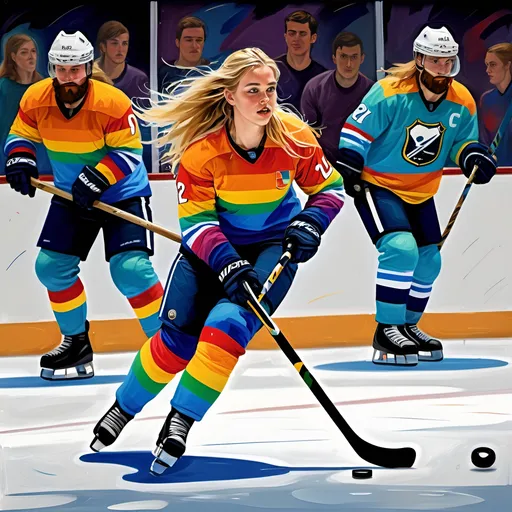 Prompt: 22-year-old woman on the ice scoring a goal, other players and goalie, long blonde hair, beard, full body shot, holding a hockey stick, thick impasto oil illustration, emphasis on rainbow colored suit, large palette-knife strokes, tarot card style with hockey puck theme, impressionistic, high quality, thick oil paint, detailed clothes, hockey stick, vibrant silver and gold tones, artistic, professional lighting