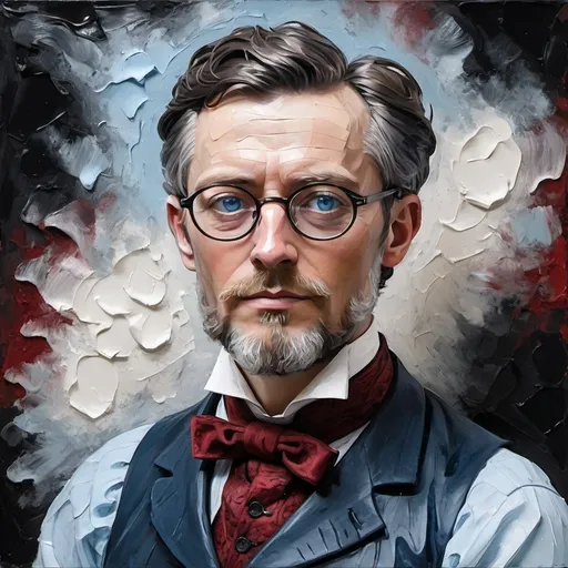 Prompt: Create an artistic oil portrait of a Victorian author in impasto style and encaustic technique. 
The image is monochrome except for the red waistcoat and pale blue eyes behind rimless round glasses. The entire portrait is characterized by flowing paint, which depicts paint flowing down the canvas. Artistic work. Lots of details. Very high quality.