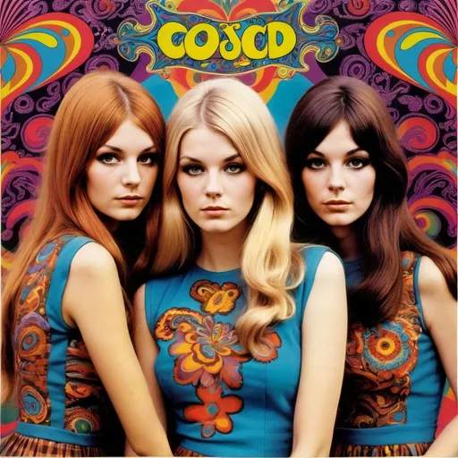 Prompt: Psychedelic 1960s titled album cover featuring a three -girl rock band, one blonde, one redhead, one brunette, vibrant paisley and plaid patterns, strong and bold colors, lost music album, album title in 1960s typography, high resolution, detailed psychedelic, vintage, vibrant colors, retro style, intricate patterns, 1960s, music album cover, all-girl rock band, paisley, plaid, psychedelic, detailed design, vibrant atmosphere