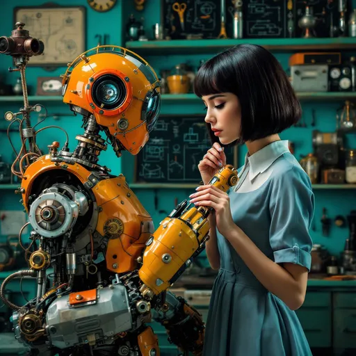 Prompt: In a vibrant workshop filled with a retro-futuristic charm, a young woman with a sleek bob haircut focuses intently on the inner workings of a large, orange-and-yellow robot beside her. Dressed in a light blue dress with a white collar, she delicately adjusts a small component, her expression a blend of concentration and curiosity. The backdrop is a vivid turquoise, contrasting with the mechanical hues around her, while shelves lined with various tools hint at her expertise in this inventive environment. The playful yet sophisticated color palette, along with the meticulous details of both the woman and the robot, evokes a sense of nostalgia infused with modern ingenuity, inviting viewers into a whimsical narrative of creation and craftsmanship.