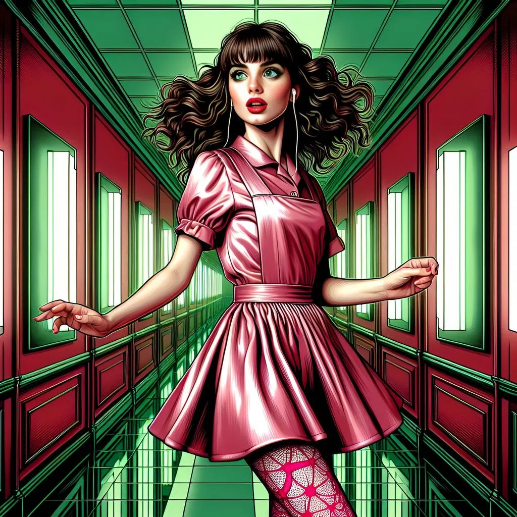 Prompt: Walls have mirrors. Caucasian woman with brunette bangs, big green eyes, full body shot, in pink satin pinafore minidress, spiderweb tights, dancing in a trance, in red and green corridor, Emma Geary, pop art, detailed facial features, professional art quality, fantasy, atmospheric lighting, red and green tones, detailed facial features, brunette bangs, detailed eyes, full body shot, professional art quality, fantasy, pop art, atmospheric lighting, pink satin pinafore minidress, spiderweb tights, red and green corridor, dancing in a trance