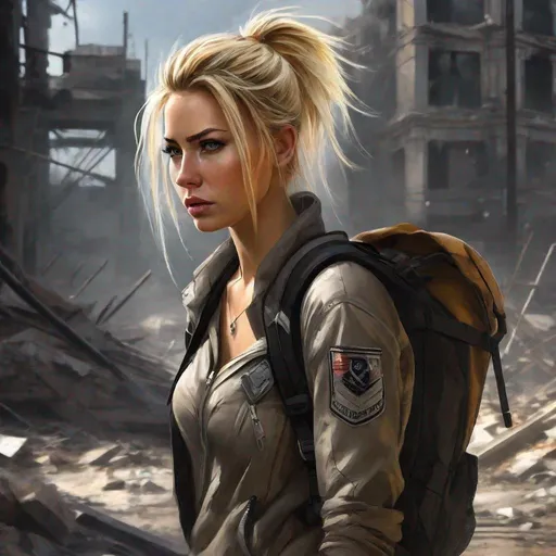 Prompt: Post-apocalyptic slender but rugged female blonde ponytail traveler, realistic digital painting, shattered buildings, tattered clothing, backpack, futuristic weapon, dusty atmospheric setting, intense and determined expression, high quality, ruined buildings, detailed, realistic, post-apocalyptic, traveler, dusty, atmospheric, intense expression