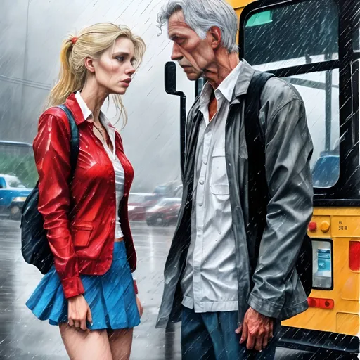 Prompt: Raining hard. Driving rain and wind. Colored pencils, mixed media, gouache, watercolor, ink. A man and a woman. Intense emotions. Full body shot. Disheveled Man is worried, tall, gray hair, 45. Wet Woman is worrying beautiful very short blonde haired with freckles. raw photo. Look at each other with worry and concern. Bus station in background.  Slender small-waist long legs, upset worried woman, two bright blue eyes, three quarter profile, embracing man near people and bus.  She wears very tight, very short white satin miniskirt, red bustier, white satin jacket, cross necklace , natural textured skin, high-quality, detailed, realistic, rain, wind  