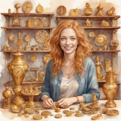 Prompt: Dreamy watercolor illustration. Close-up portrait. A happy 35 year old messy reddish blonde-haired woman sorts gold antique figurative statues, gold clockwork timepieces and gizmos, gold coins. Macro shot. Whimsical beachcomber style. Soft brushstrokes on reddish-blonde messy hair. Warm light dancing on table covered in gold items. Background with shelves full of gold pottery and statues. Golden hues on wooden floor. Soft, warm golden light. Best quality, highly detailed, vibrant, ethereal, serene, coastal, beachy, whimsical, dreamy, watercolor texture, impressionist.