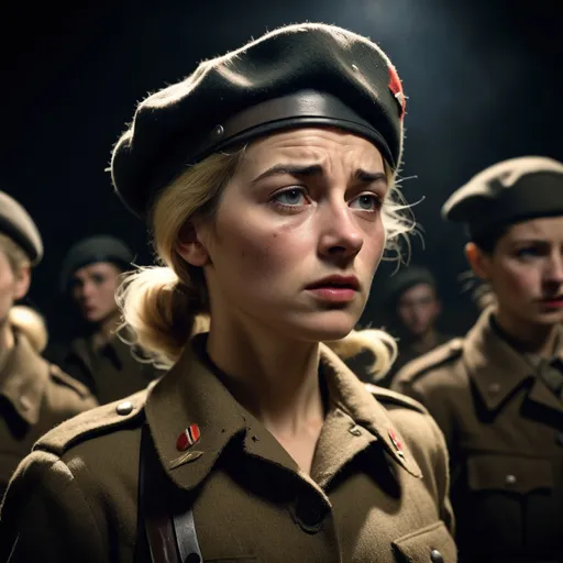 Prompt: uHD facial features. Gritty. Intense. WW2 French female resistance fighter, 23 blonde, beret, petite, with pistol, facing German squad in darkness - single spotlight illuminating her beret, intense lighting, detailed facial expression, wartime, gritty, emotional, old film style, dark tones, muted bright colors, high contrast, intense emotion, historical
