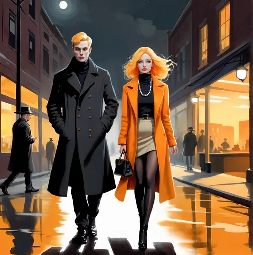 Prompt: An intriguing and mysterious illustration featuring two men following a very feminine slender small breasted woman with medium length light yellow with orange highlights hair. She is walking along the warehouse district at night with her purse in one hand.  A men follow her, hats, long coats. Her skirt is very short, her turtleneck sweater has two strands of pearls. The color palette is a dark combination of film noir warehouse and lamplight, with a touch of confident attitude., illustration, fashion, 