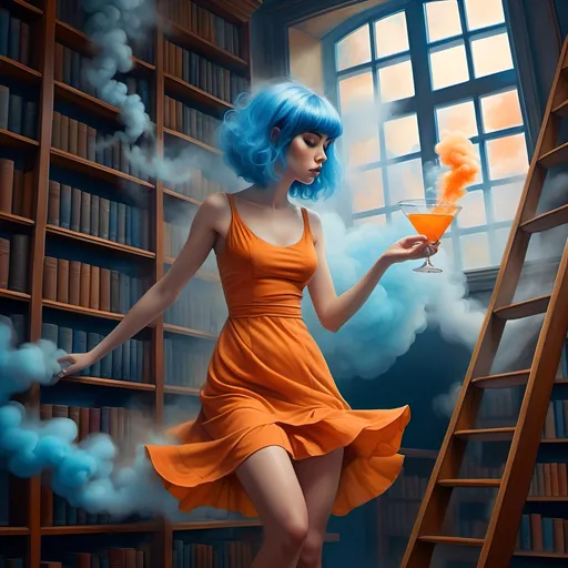 Prompt: (surreal painting), a woman with (vibrant bangs blue hair) in a (short orange cocktail dress), intensely focused as she sifts through (library ladder), surrounded by ethereal (blue and orange smoke), dreamy and whimsical ambiance, (fantasy art), (highly detailed digital painting), elicits curiosity and imagination, captures the essence of exploration and wonder, intricate details in (airbrush painting) style, (dynamic composition), enchanting atmosphere, magical realism.